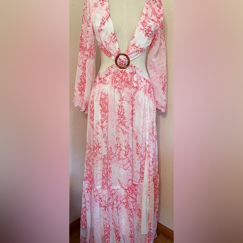 Pink Floral Cutout Maxi Dress with Ring Detail